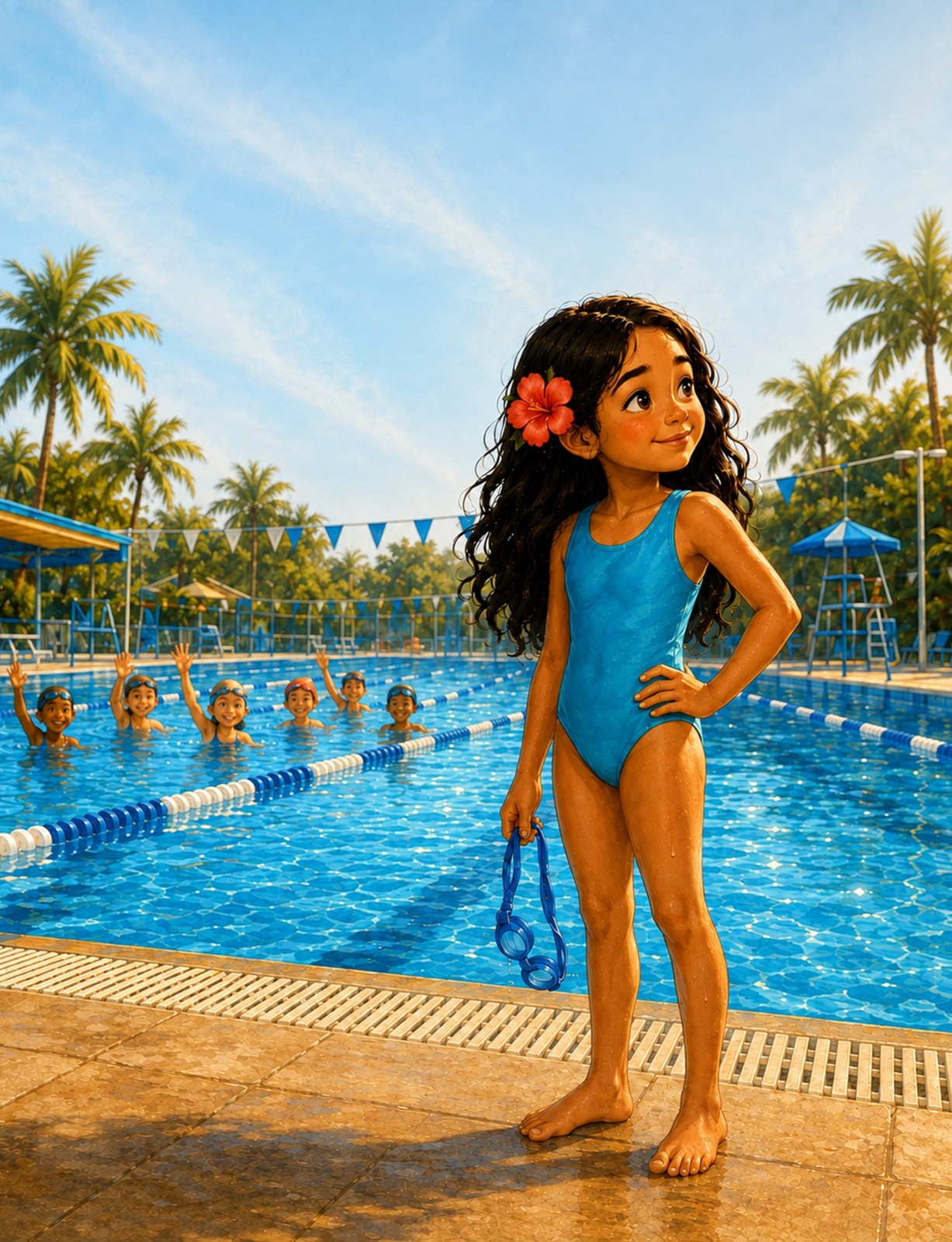 Alu wearing a blue swimsuit beside a swimming pool in Hawaiʻi