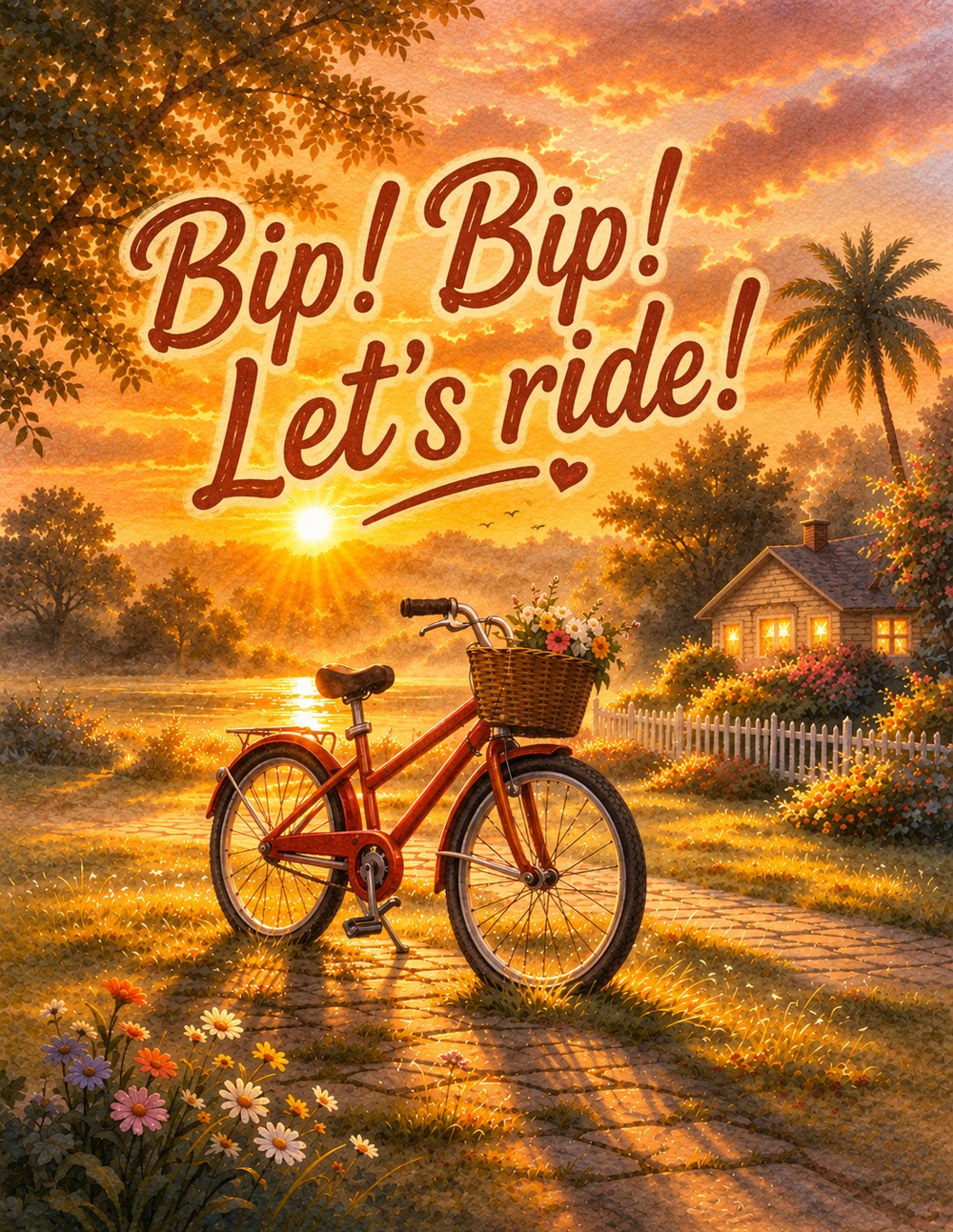 Bip! Bip! Let’s ride! cover showing a bicycle at sunset