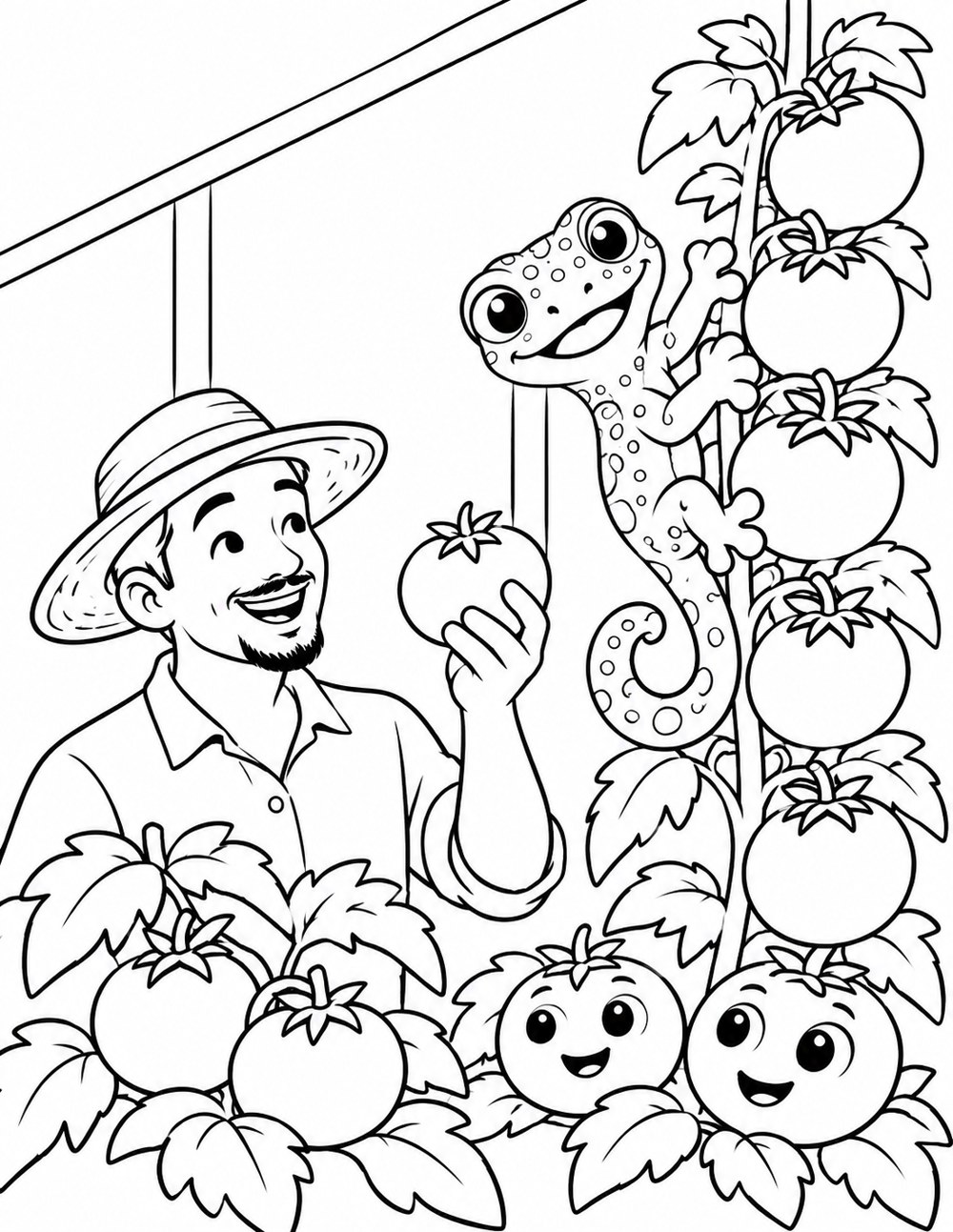 Black and white illustration of Malu and a farmer surrounded by happy tomatoes