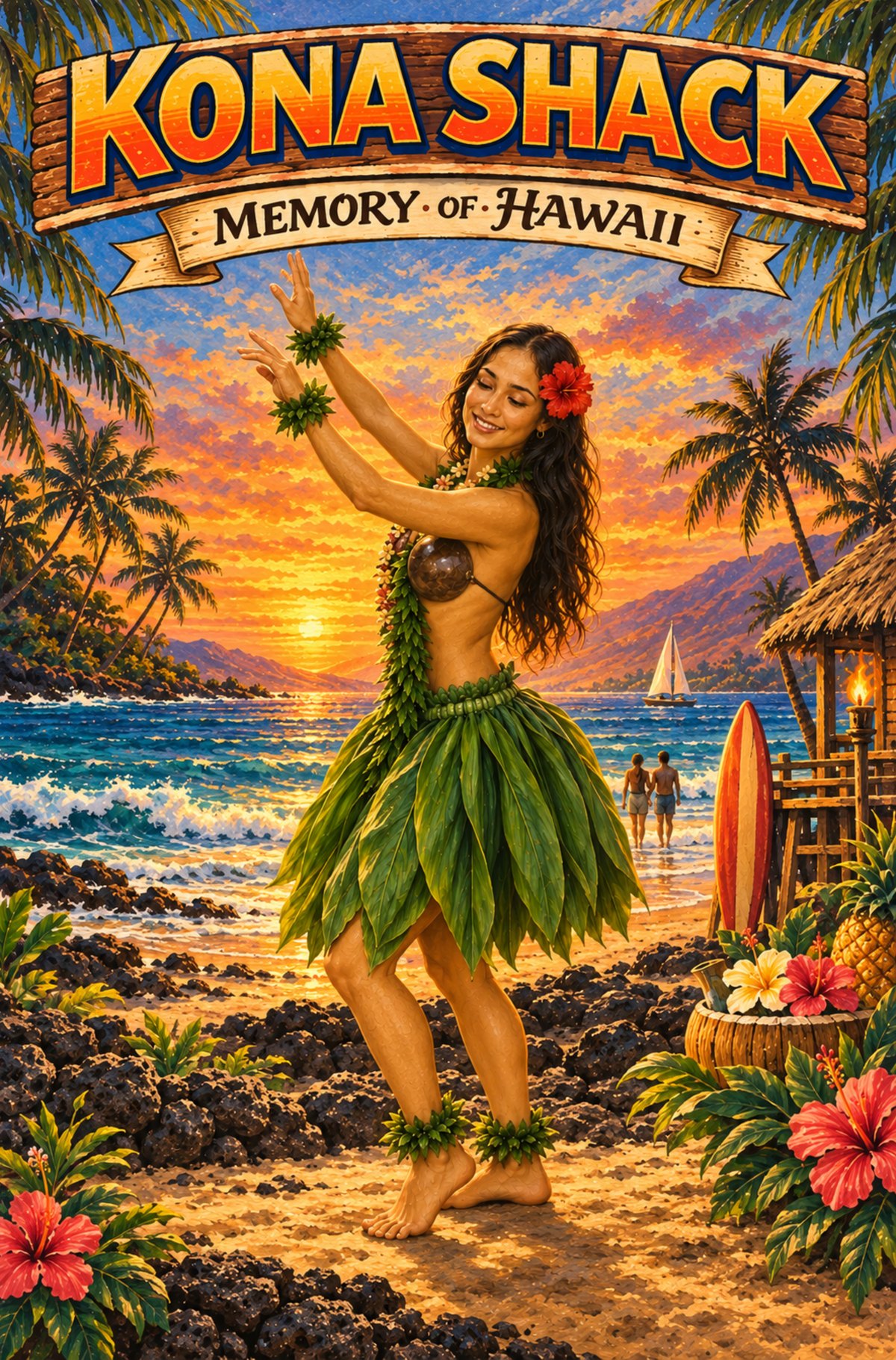 Kona Shack, Memory of Hawaii: colorful artwork of a hula dancer beside the ocean at sunset
