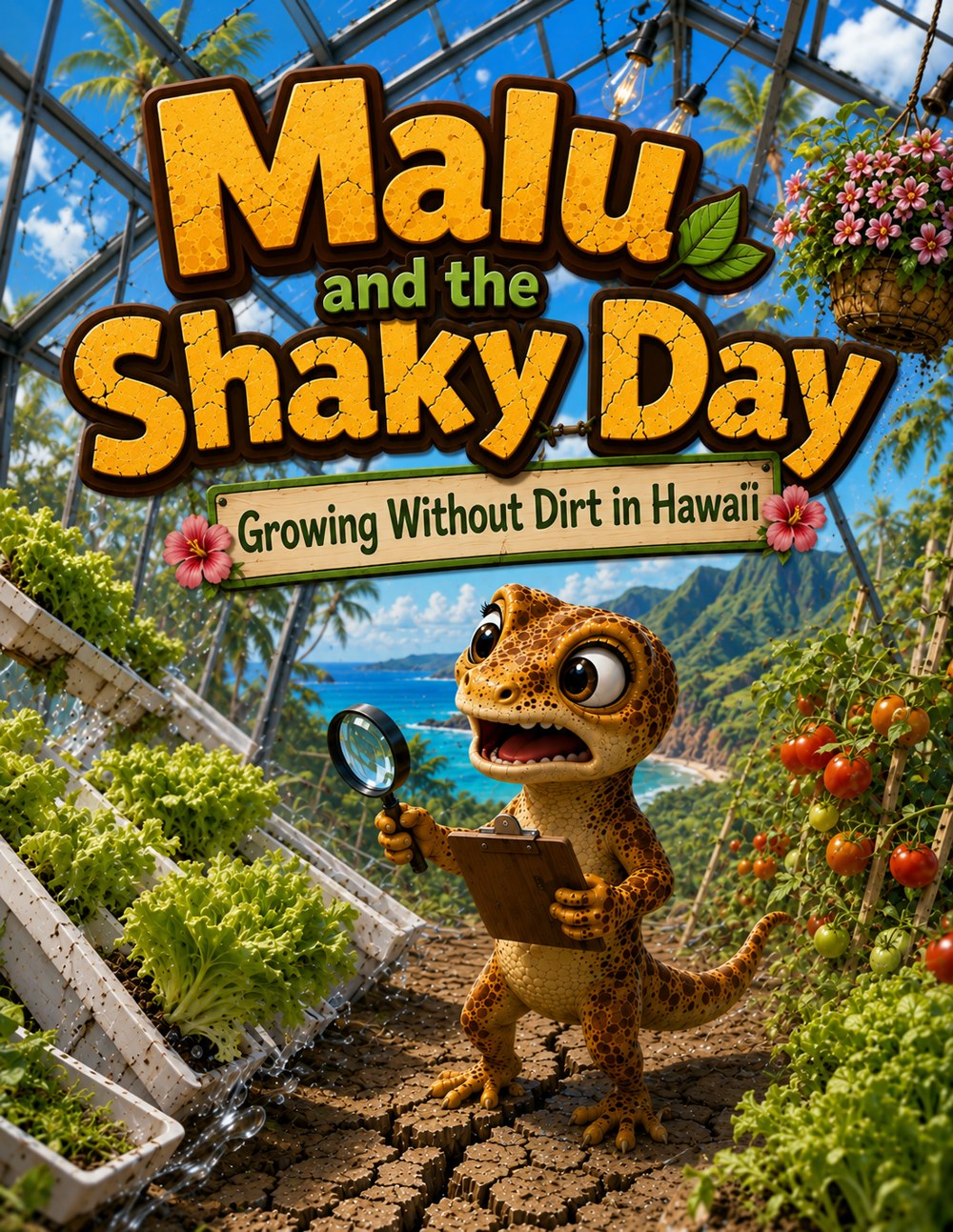 Malu the brown gecko exploring a colorful hydroponic garden in Hawaiʻi